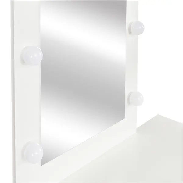 White, modern and simple vanity with stool, solid metal frame, large round mirror and storage space
