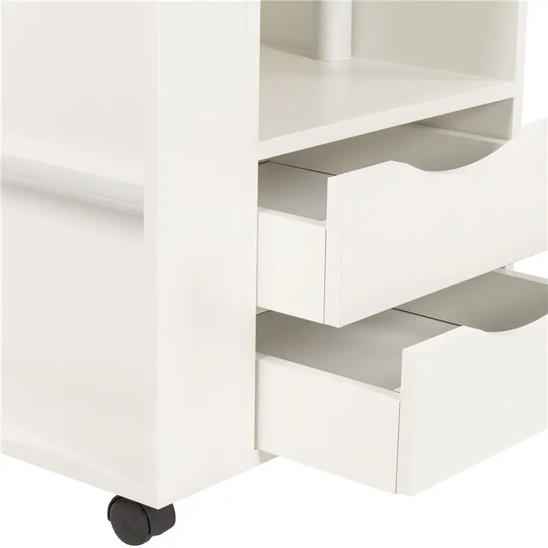 Height Adjustable side Table Wooden with Swivel Top, Storage Drawers, Wheels and Open Shelf, (White)