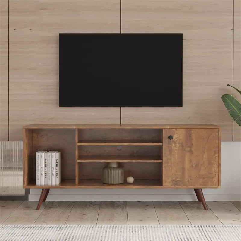 TV Stand Use in Living Room Furniture with 1 storage and 2 shelves Cabinet, high quality particle board, Walnut color