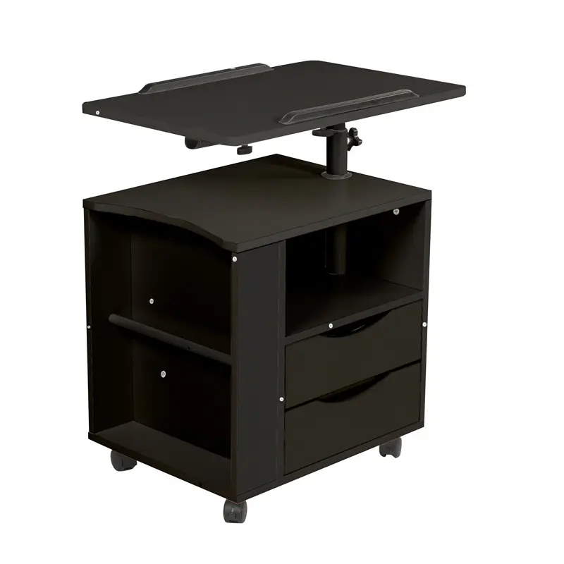 Height Adjustable Overbed End Table Wooden Nightstand with Swivel Top, Drawers, Wheels and Open Shelf, Black color