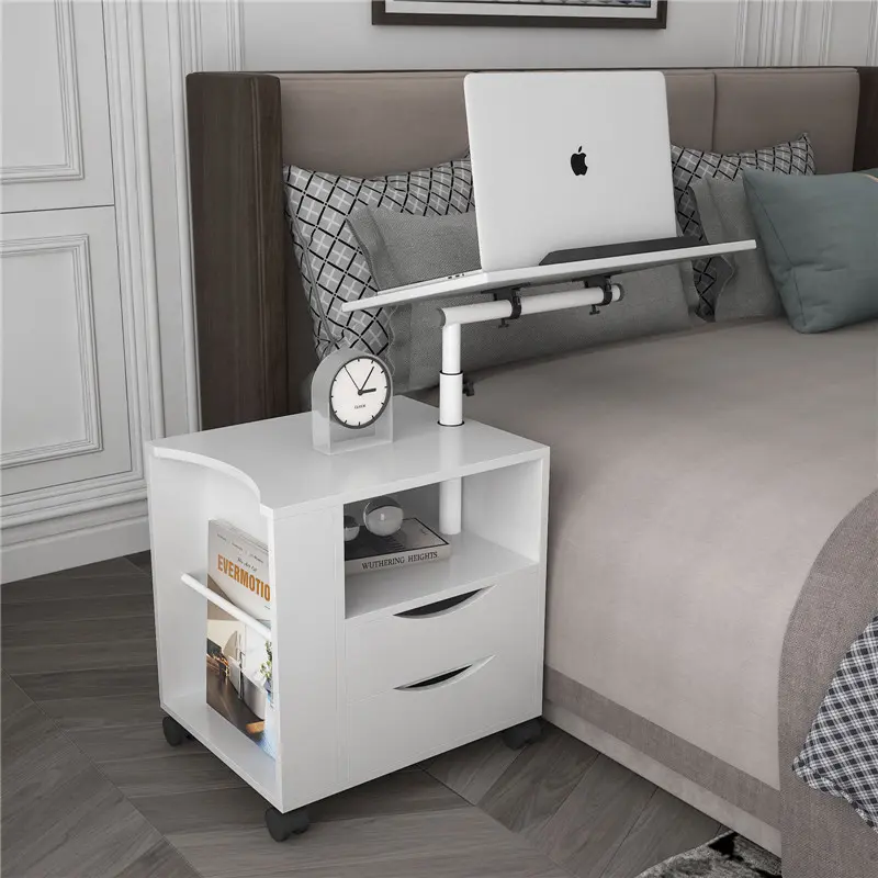 Height Adjustable side Table Wooden with Swivel Top, Storage Drawers, Wheels and Open Shelf, (White)