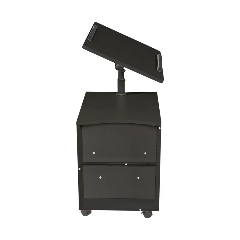 Height Adjustable Overbed End Table Wooden Nightstand with Swivel Top, Drawers, Wheels and Open Shelf, Black color