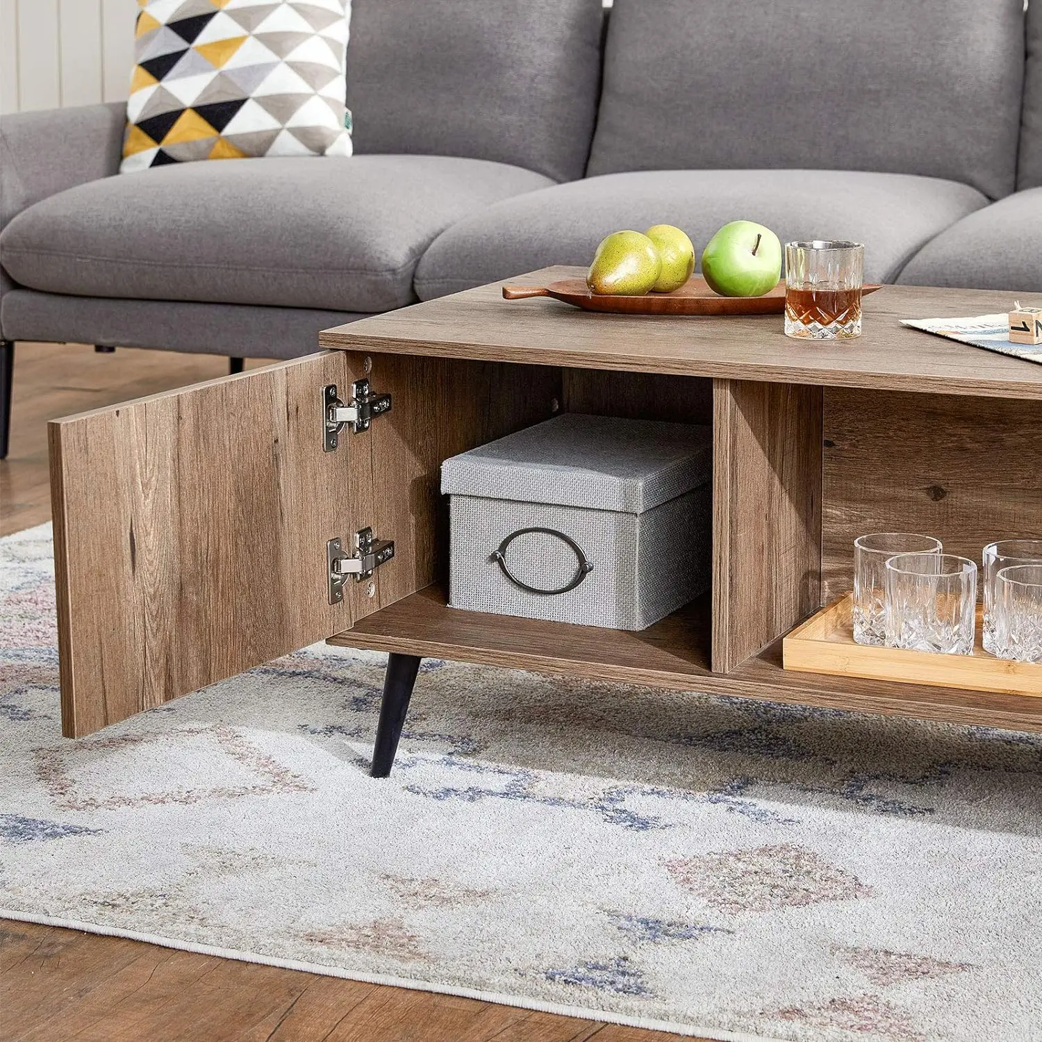 Wholesale coffee tables, with a spacious storage space and partition, equipped with drawers, walnut color, elegantly designed and stylish.