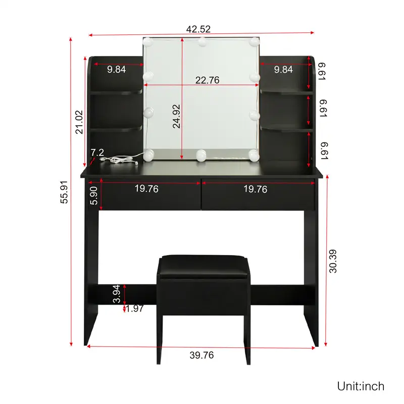 Modern Dressing table with 2 Drawers, 4 open shelves Rectangular Makeup Table with Mirror, 10-lamp bulb, 42.52*15.75* 52.76inch, for Bedroom, Black color