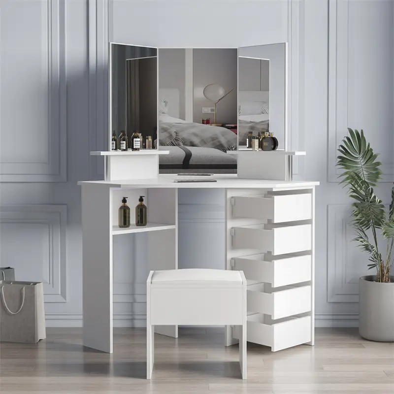 Corner dressing table make up desk with three-fold mirror and 5 rotary drawer Wooden Bedroom Vanity Table (White)