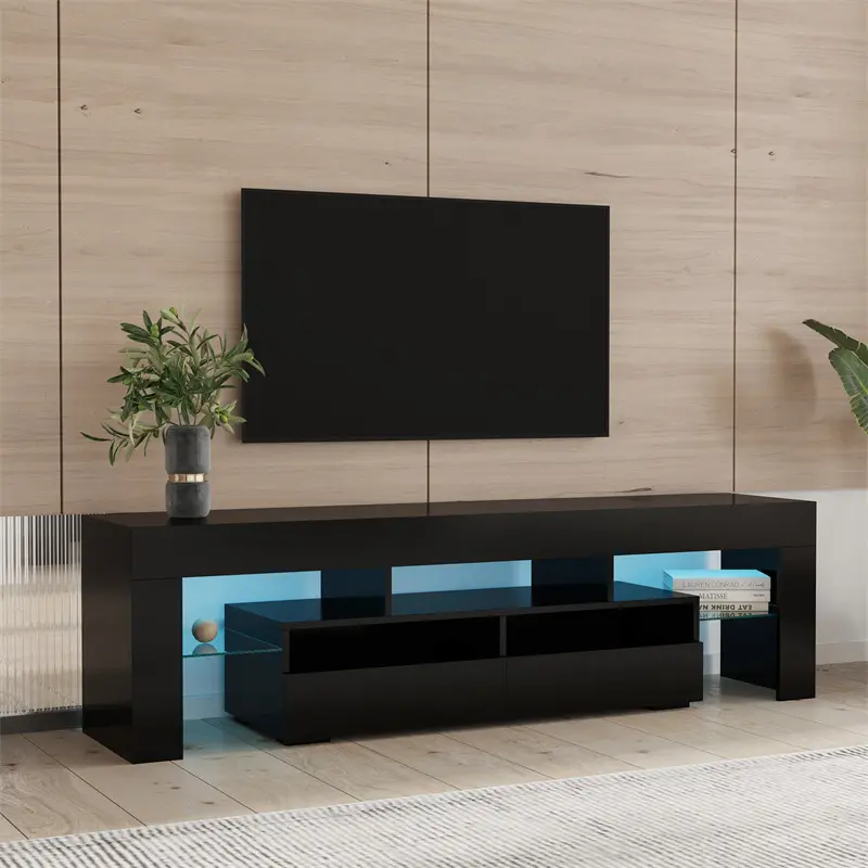 Living Room Furniture TV Stand Cabinet with 2 Drawers & 2 open shelves,20-color RGB LED lights with remote, Black color