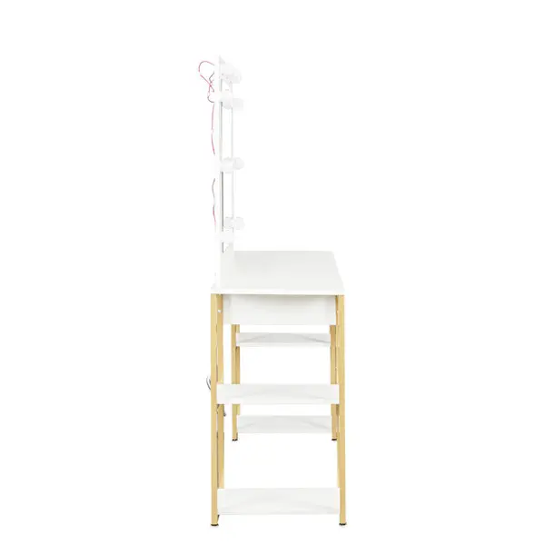 White, modern and simple vanity with stool, solid metal frame, large round mirror and storage space