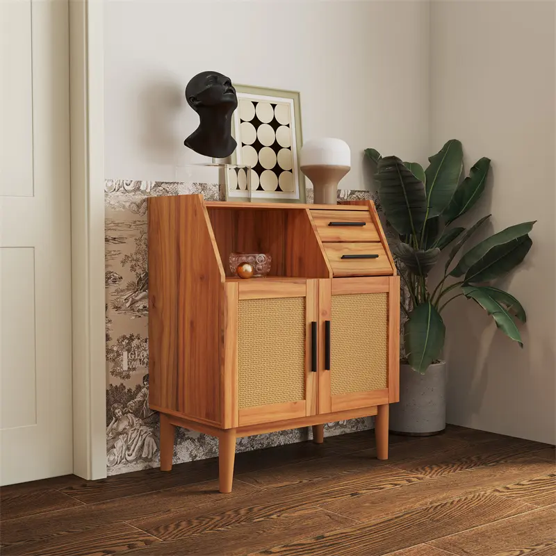 Farmhouse Sideboard Buffet Accent Storage Cabinet, with Rattan Doors and drawers, for Hallway, Entryway, Dining Room, or Living Room, Oak color