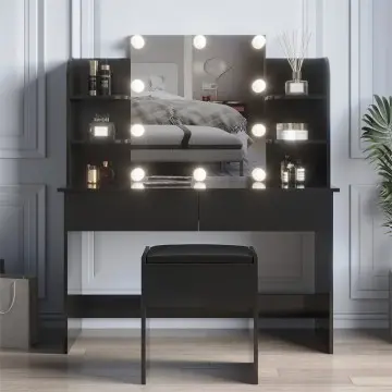 Modern Dressing table with 2 Drawers, 4 open shelves Rectangular Makeup Table with Mirror, 10-lam...