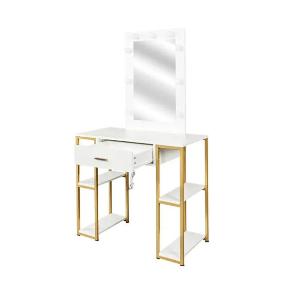 White, modern and simple vanity with stool, solid metal frame, large round mirror and storage space