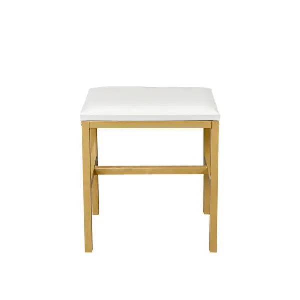 White, modern and simple vanity with stool, solid metal frame, large round mirror and storage space