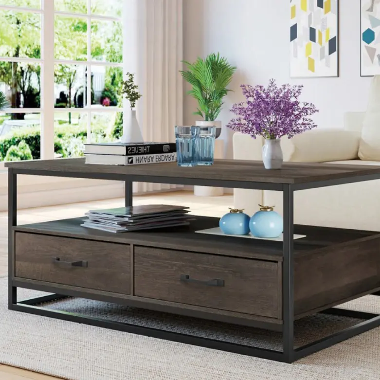 Wholesale coffee tables, coffee tables with storage compartments, dark-colored coffee tables, walnut-colored coffee tables, coffee tables with metal legs.