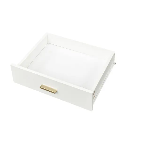 White, modern and simple vanity with stool, solid metal frame, large round mirror and storage space