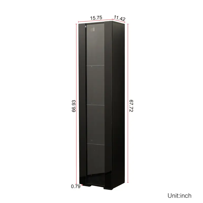 Side cabinet with aluminum strip lamp, for living room, storage shelves, black color