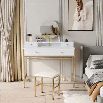 White, modern and simple vanity with stool, solid metal frame, large round mirror and storage space