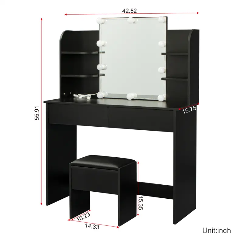 Modern Dressing table with 2 Drawers, 4 open shelves Rectangular Makeup Table with Mirror, 10-lamp bulb, 42.52*15.75* 52.76inch, for Bedroom, Black color