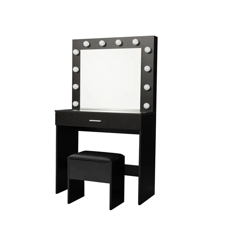Modern Design Bedroom Makeup Dressing Table with Light and Stool, Black color