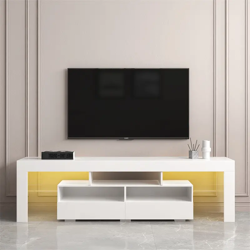 Living Room Furniture TV Stand Cabinet with 2 Drawers & 2 open shelves,20-color RGB LED lights with remote, White color