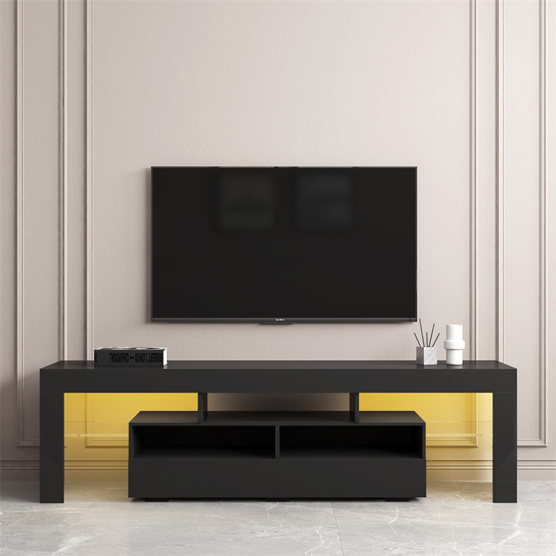 Living Room Furniture TV Stand Cabinet with 2 Drawers & 2 open shelves,20-color RGB LED lights with remote, Black color