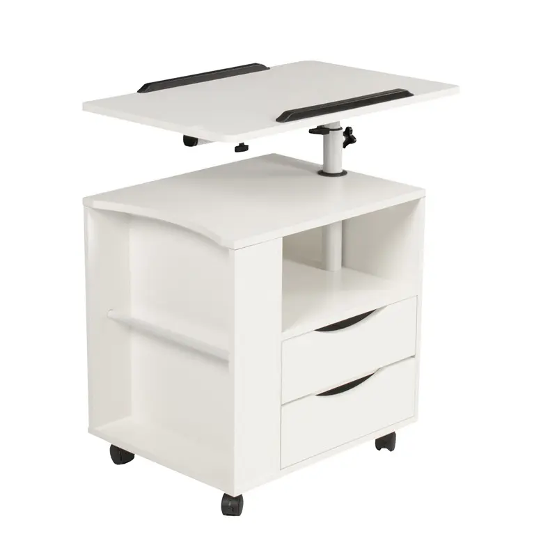 Height Adjustable side Table Wooden with Swivel Top, Storage Drawers, Wheels and Open Shelf, (White)