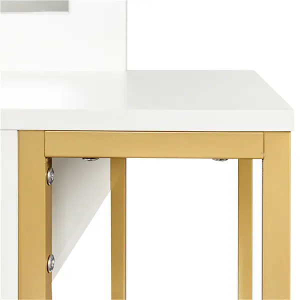 White, modern and simple vanity with stool, solid metal frame, large round mirror and storage space