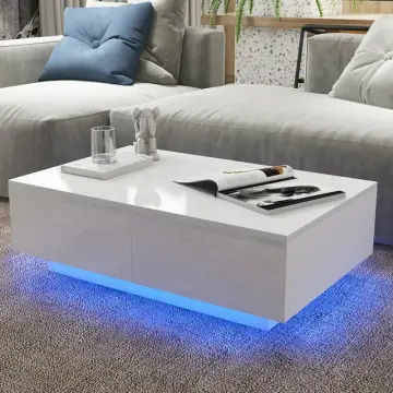 Rectangular LED Coffee Table with 4 Drawers High Gloss White Finish Modern Living Room Furniture ...