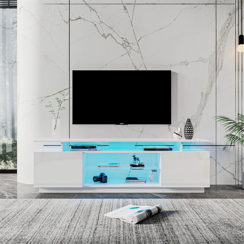 Modern gloss white TV Stand for 80 inches TV, 20 Colors LED TV Stand w/Remote Control Lights