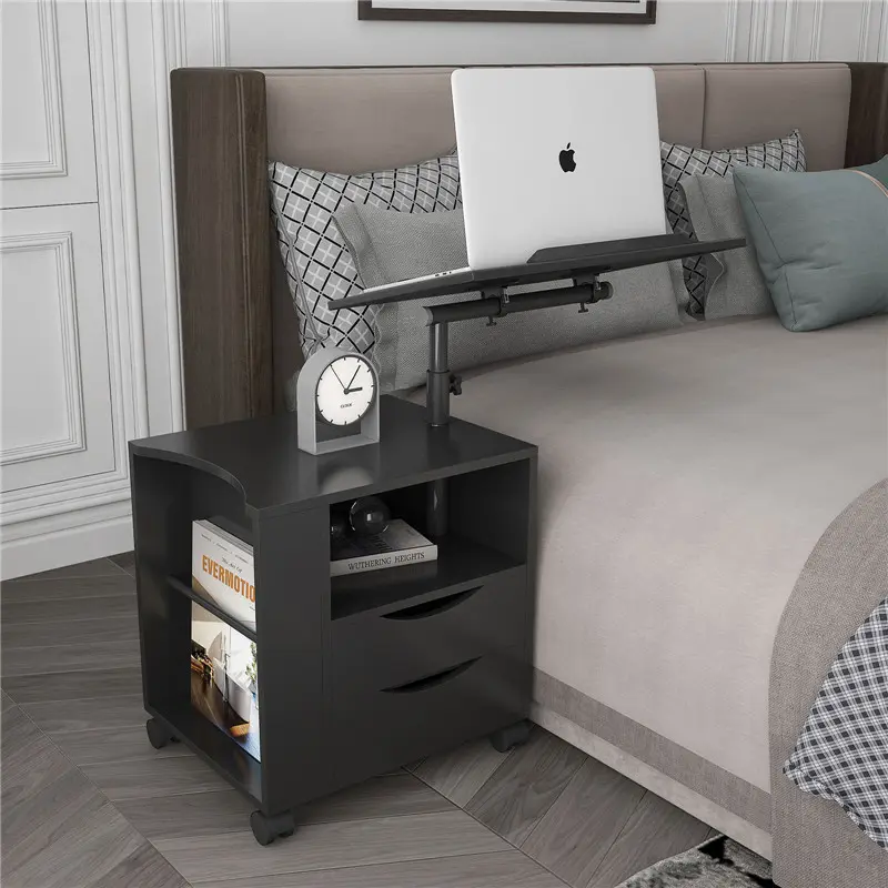 Height Adjustable Overbed End Table Wooden Nightstand with Swivel Top, Drawers, Wheels and Open Shelf, Black color