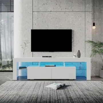 Modern gloss white TV Stand for 80 inches TV, 20 Colors LED TV Stand w/Remote Control Lights
