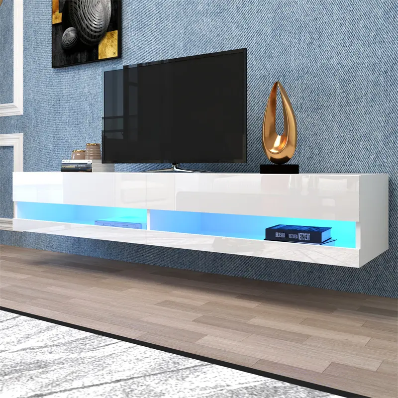 180 Wall Mounted Floating 80" TV Stand with 20 Color LEDs White color