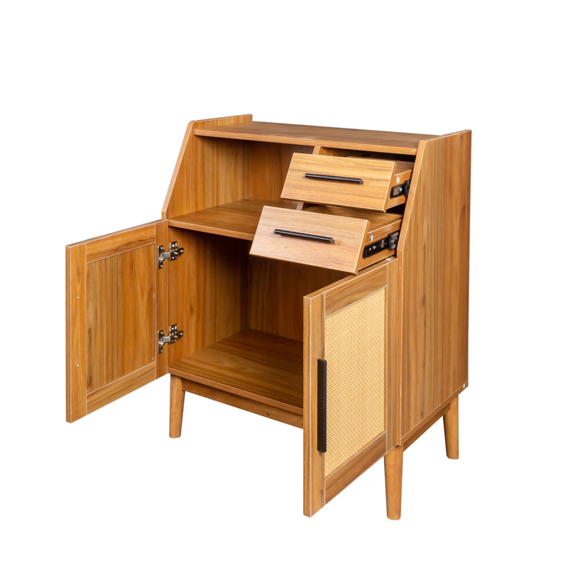 Farmhouse Sideboard Buffet Accent Storage Cabinet, with Rattan Doors and drawers, for Hallway, Entryway, Dining Room, or Living Room, Oak color