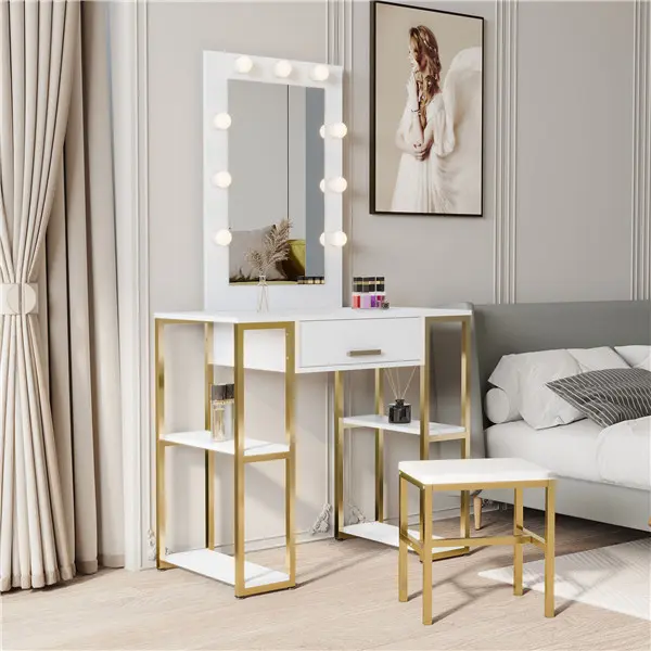White, modern and simple vanity with stool, solid metal frame, large round mirror and storage space
