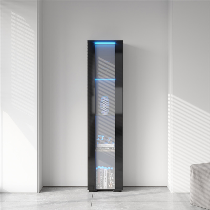 Side cabinet with aluminum strip lamp, for living room, storage shelves, black color