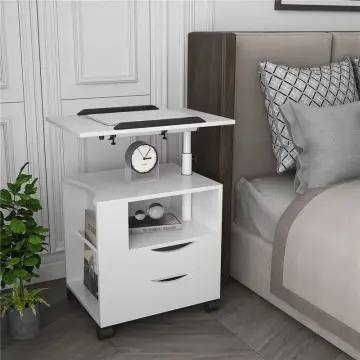 Height Adjustable side Table Wooden with Swivel Top, Storage Drawers, Wheels and Open Shelf, (White)