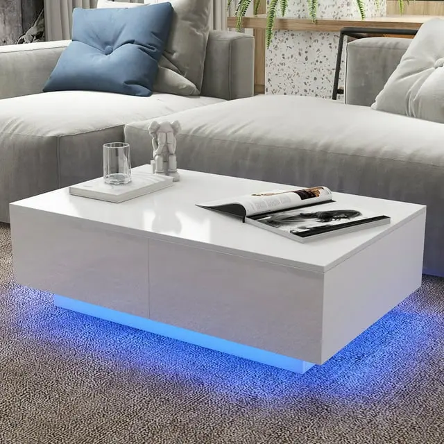 Rectangular LED Coffee Table with 4 Drawers High Gloss White Finish Modern Living Room Furniture Sofa Side Cocktail Table