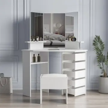Corner dressing table make up desk with three-fold mirror and 5 rotary drawer Wooden Bedroom Vanity Table (White)