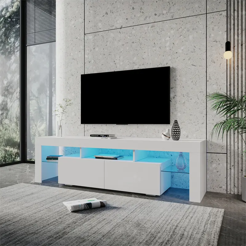 Modern gloss white TV Stand for 80 inches TV, 20 Colors LED TV Stand w/Remote Control Lights