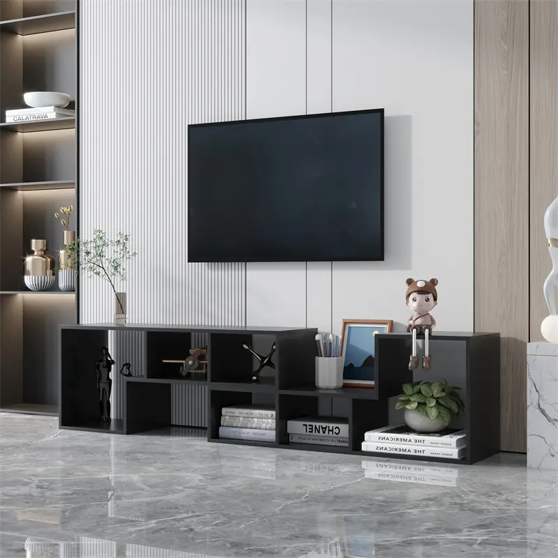 Double L-Shaped TV Stand, Display Shelf, Bookcase for Home Furniture, Black color