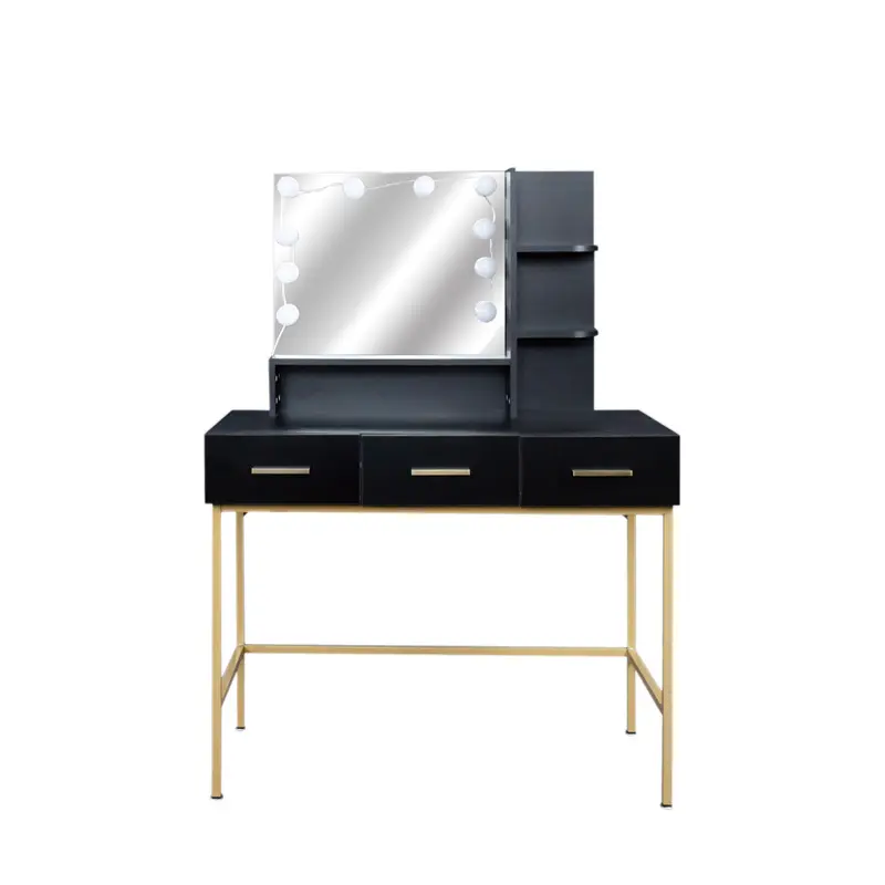 Black modern minimalist vanity with stool, solid metal frame construction, large storage space, 10 LED lights illuminate makeup mirror, adjustable brightness