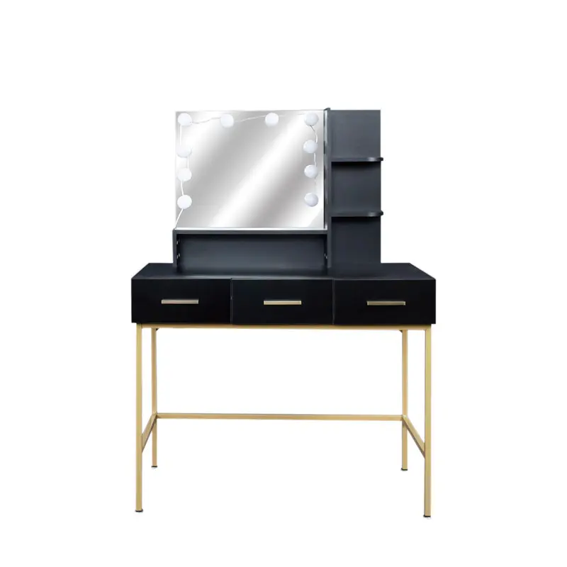 Black modern minimalist vanity, solid metal frame construction, large storage space, 10 LED lights illuminate makeup mirror, adjustable brightness
