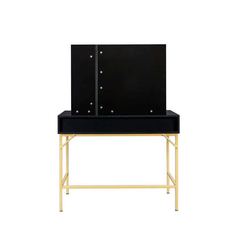 Black modern minimalist vanity, solid metal frame construction, large storage space, 10 LED lights illuminate makeup mirror, adjustable brightness