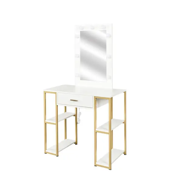 White, modern and simple vanity with stool, solid metal frame, large round mirror and storage space