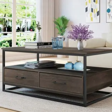Wholesale coffee tables, coffee tables with storage compartments, dark-colored coffee tables, walnut-colored coffee tables, coffee tables with metal legs.