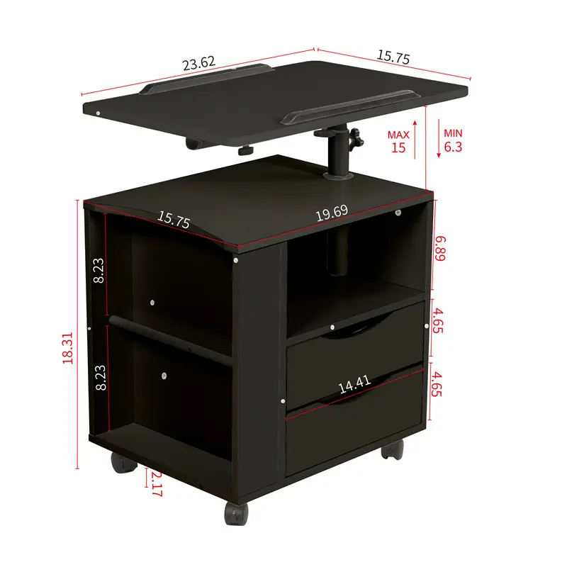 Height Adjustable Overbed End Table Wooden Nightstand with Swivel Top, Drawers, Wheels and Open Shelf, Black color
