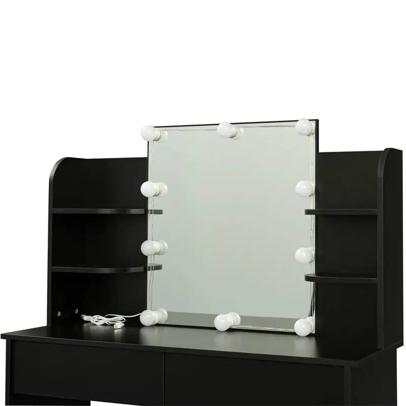 Modern Dressing table with 2 Drawers, 4 open shelves Rectangular Makeup Table with Mirror, 10-lamp bulb, 42.52*15.75* 52.76inch, for Bedroom, Black color