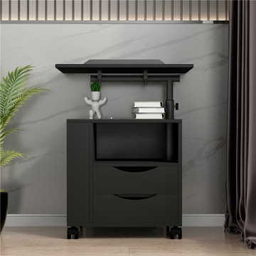 Height Adjustable Overbed End Table Wooden Nightstand with Swivel Top, Drawers, Wheels and Open Shelf, Black color