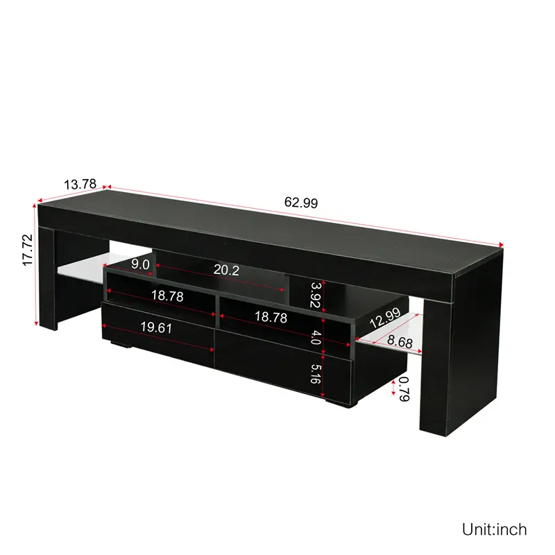 Living Room Furniture TV Stand Cabinet with 2 Drawers & 2 open shelves,20-color RGB LED lights with remote, Black color