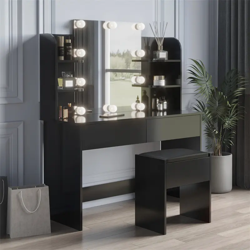 Modern Dressing table with 2 Drawers, 4 open shelves Rectangular Makeup Table with Mirror, 10-lamp bulb, 42.52*15.75* 52.76inch, for Bedroom, Black color