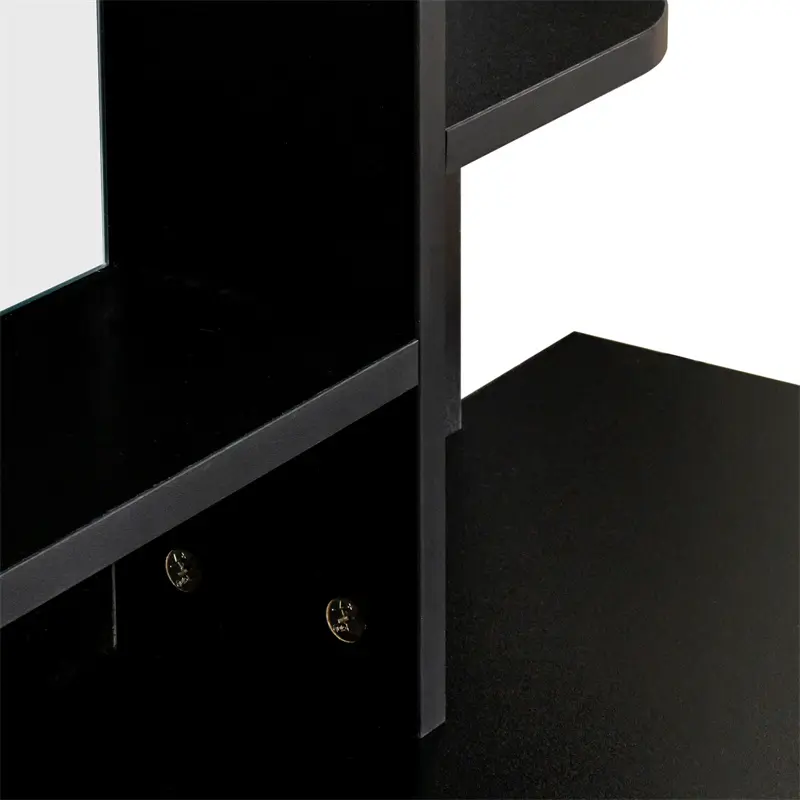 Black modern minimalist vanity with stool, solid metal frame construction, large storage space, 10 LED lights illuminate makeup mirror, adjustable brightness