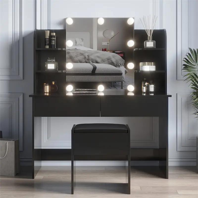 Modern Dressing table with 2 Drawers, 4 open shelves Rectangular Makeup Table with Mirror, 10-lamp bulb, 42.52*15.75* 52.76inch, for Bedroom, Black color